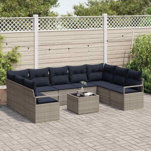 vidaXL Bankstel met kussen 10 pcs Grijs poly rattan
