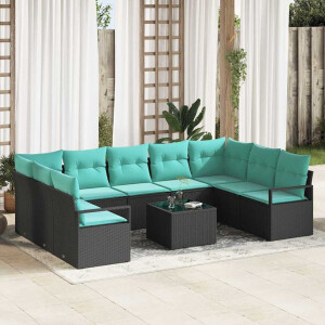 vidaXL Bankstel met kussen 10 pcs Zwart poly rattan