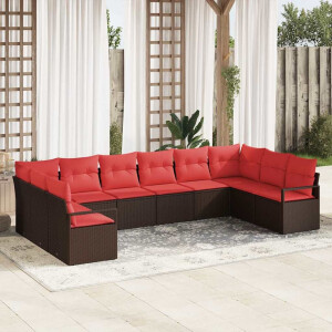 vidaXL Bankstel met kussen 10 pcs Bruin poly rattan