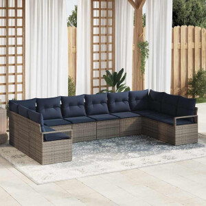 vidaXL Bankstel met kussen 10 pcs Grijs poly rattan