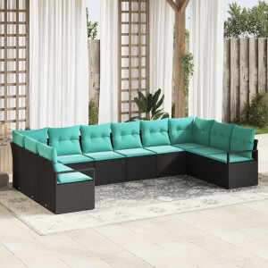 vidaXL Bankstel met kussen 10 pcs Zwart poly rattan