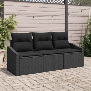 vidaXL Bankstel met kussen 3 pcs Zwart poly rattan