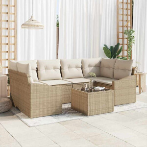 vidaXL Bankstel met kussen met kussen 7 pcs Beige en Crème poly rattan