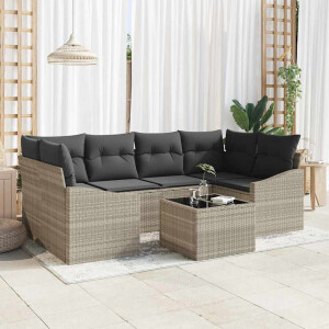vidaXL Bankstel met kussen met kussen 7 pcs Lichtgrijs poly rattan