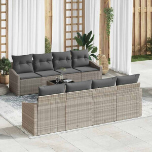 vidaXL Bankstel met kussen met kussen 9 pcs Lichtgrijs poly rattan