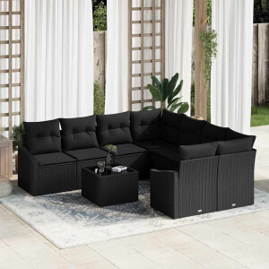 vidaXL Bankstel met kussen met kussen 9 pcs Zwart poly rattan