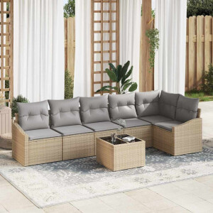 vidaXL Bankstel met kussen 7 pcs Beige poly rattan
