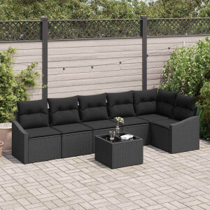 vidaXL Bankstel met kussen 7 pcs Zwart poly rattan