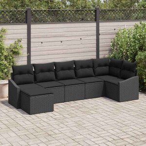 vidaXL Bankstel met kussen 7 pcs Zwart poly rattan