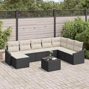 vidaXL Bankstel met kussen 9 pcs Zwart poly rattan