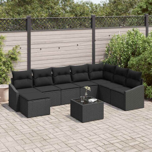 vidaXL Bankstel met kussen 9 pcs Zwart poly rattan