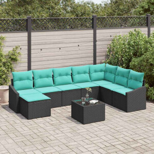 vidaXL Bankstel met kussen 9 pcs Zwart poly rattan