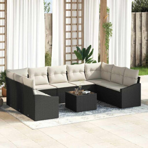 vidaXL Bankstel met kussen 10 pcs Zwart poly rattan