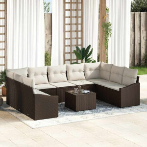 vidaXL Bankstel met kussen 10 pcs Bruin poly rattan