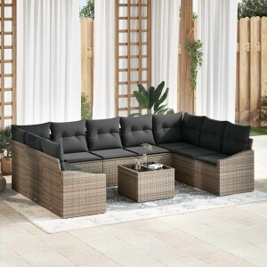 vidaXL Bankstel met kussen 10 pcs Grijs poly rattan