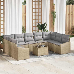 vidaXL Bankstel met kussen 10 pcs Beige poly rattan