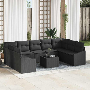 vidaXL Bankstel met kussen 10 pcs Zwart poly rattan