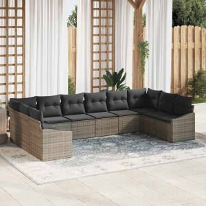vidaXL Bankstel met kussen 10 pcs Grijs poly rattan