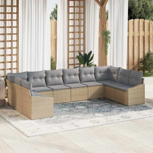 vidaXL Bankstel met kussen 10 pcs Beige poly rattan