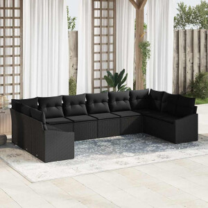 vidaXL Bankstel met kussen 10 pcs Zwart poly rattan