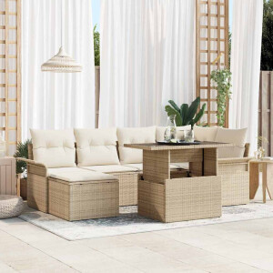 vidaXL Tuin Sofa Set met kussen 7 pcs Beige Poly riet