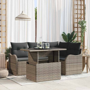 vidaXL Buiten eetset met kussen 5 pcs Grijs Poly riet