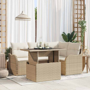 vidaXL Buiten eetset met kussen 5 pcs Beige Poly riet