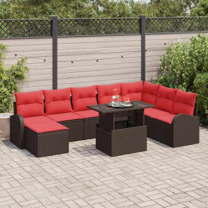 vidaXL Tuin Sofa Set met opslag 9 pcs Bruin en Rood poly rattan