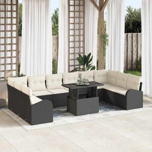 vidaXL Tuin Sofa Set met kussen 11 pcs Zwart en crème poly rattan