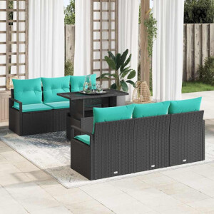 vidaXL Tuin Sofa Set met opslag 7 pcs Zwart en Blauw poly rattan
