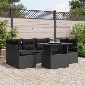 vidaXL Bankstel met kussen 7 pcs Zwart poly rattan