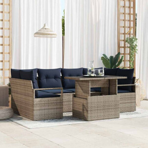 vidaXL Tuin Sofa Set met kussen 7 pcs grijs en marineblauw poly rattan