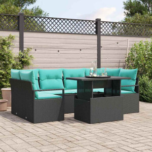 vidaXL Tuin Sofa Set met kussen 7 pcs Zwart en blauw poly rattan