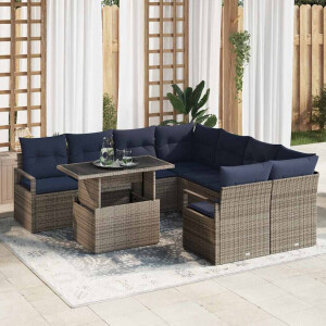 vidaXL Tuin Sofa Set met opslag 9 pcs Grijs en Marineblauw poly rattan