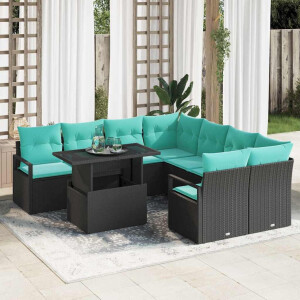 vidaXL Tuin Sofa Set met opslag 9 pcs Zwart en Blauw poly rattan