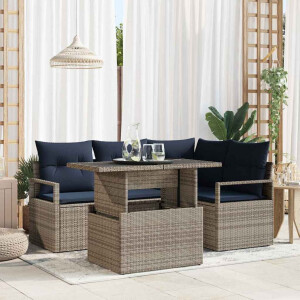 vidaXL Tuin Sofa Set met kussen 5 pcs Grijs en Marineblauw poly rattan