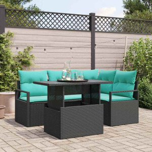 vidaXL Tuin Sofa Set met kussen 5 pcs Zwart en blauw poly rattan