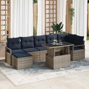 vidaXL Tuin Sofa Set met opslag 8 pcs Grijs en Marineblauw poly rattan