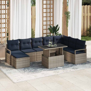 vidaXL Tuin Sofa Set met kussen met opslag 9 pcs grijs en marineblauw