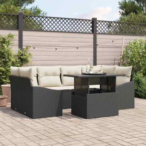 vidaXL Tuin Sofa Set met kussen 7 pcs Zwart en crème poly rattan