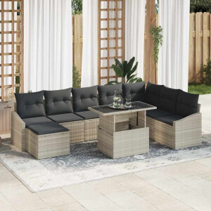 vidaXL Bankstel met kussen met opslag 9 pcs Lichtgrijs poly rattan