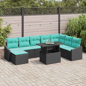 vidaXL Bankstel met kussen met opslag 9 pcs Zwart en Blauw poly rattan