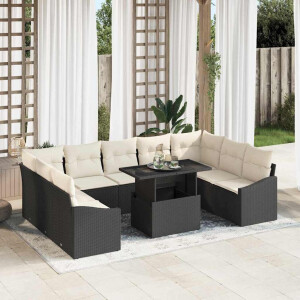 vidaXL Bankstel met kussen 10 pcs Zwart en Crème poly rattan