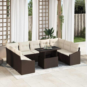 vidaXL Bankstel met kussen 10 pcs Bruin en Crème poly rattan