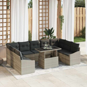 vidaXL Bankstel met kussen 10 pcs Lichtgrijs poly rattan