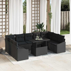 vidaXL Bankstel met kussen 10 pcs Zwart poly rattan