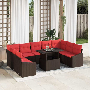 vidaXL Bankstel 10 st 9-Aantal zitplaatsen Bruin en Rood poly rattan
