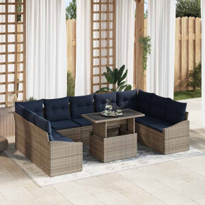 vidaXL Bankstel met kussen 10 pcs Zwart en Blauw poly rattan