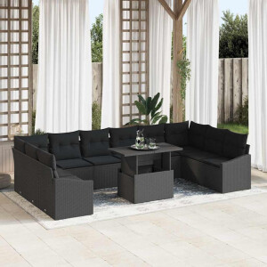 vidaXL Bankstel met kussen 11 pcs Zwart poly rattan