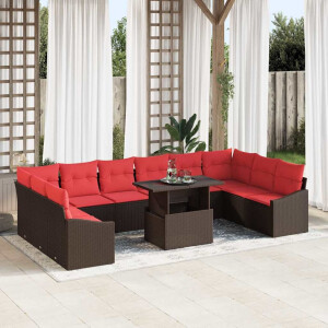 vidaXL Bankstel 11 st 10-Aantal zitplaatsen Bruin en Rood poly rattan